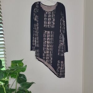 Bel Kazan Tunic Top Long Sleeve Asymmetric Hem Print‎ Rayon Blend Small Black